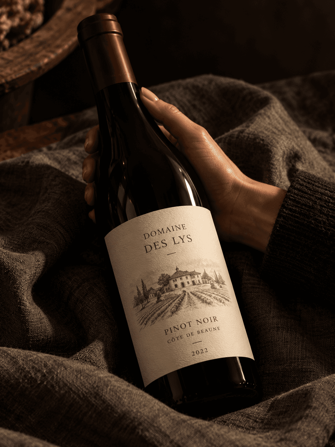 Hand holding a bottle of Burgundy pinot noir on a wool blanket