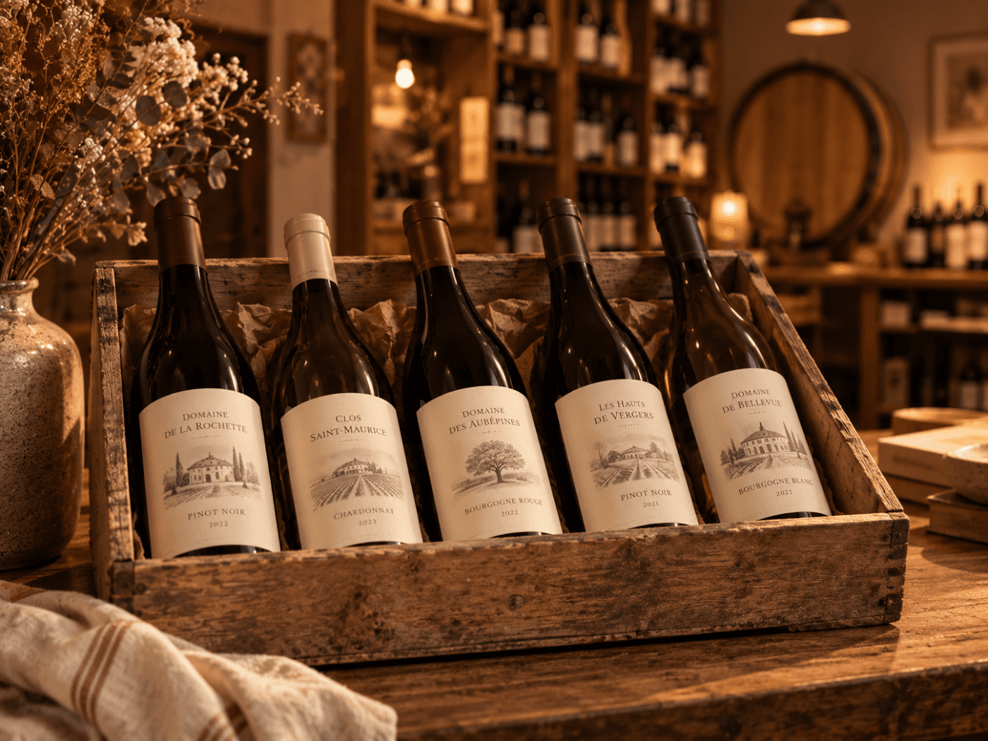 Crate of wine bottles selected online, waiting in the shop