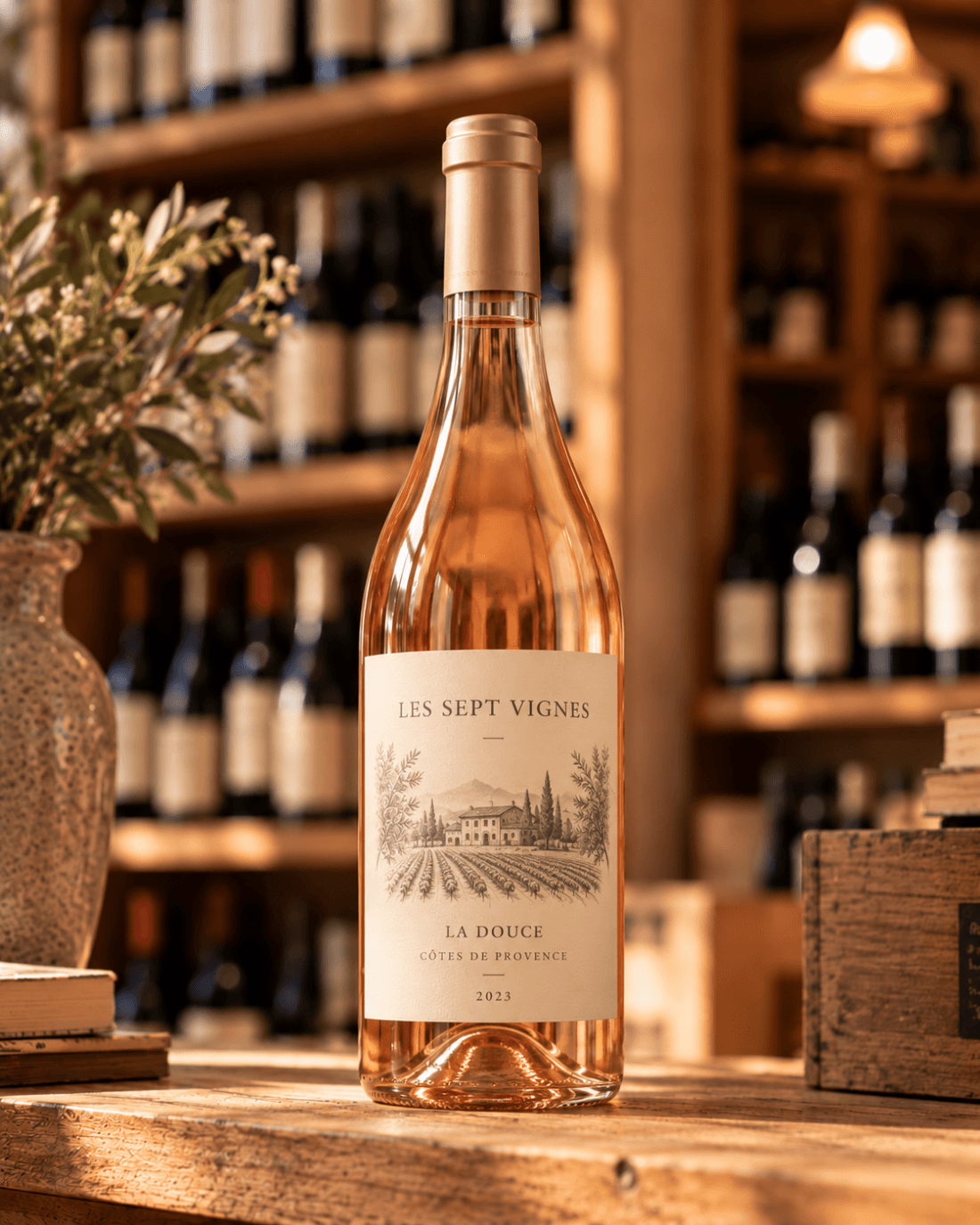 Bottle of Les Sept Vignes « La Douce » rosé wine in the cellar