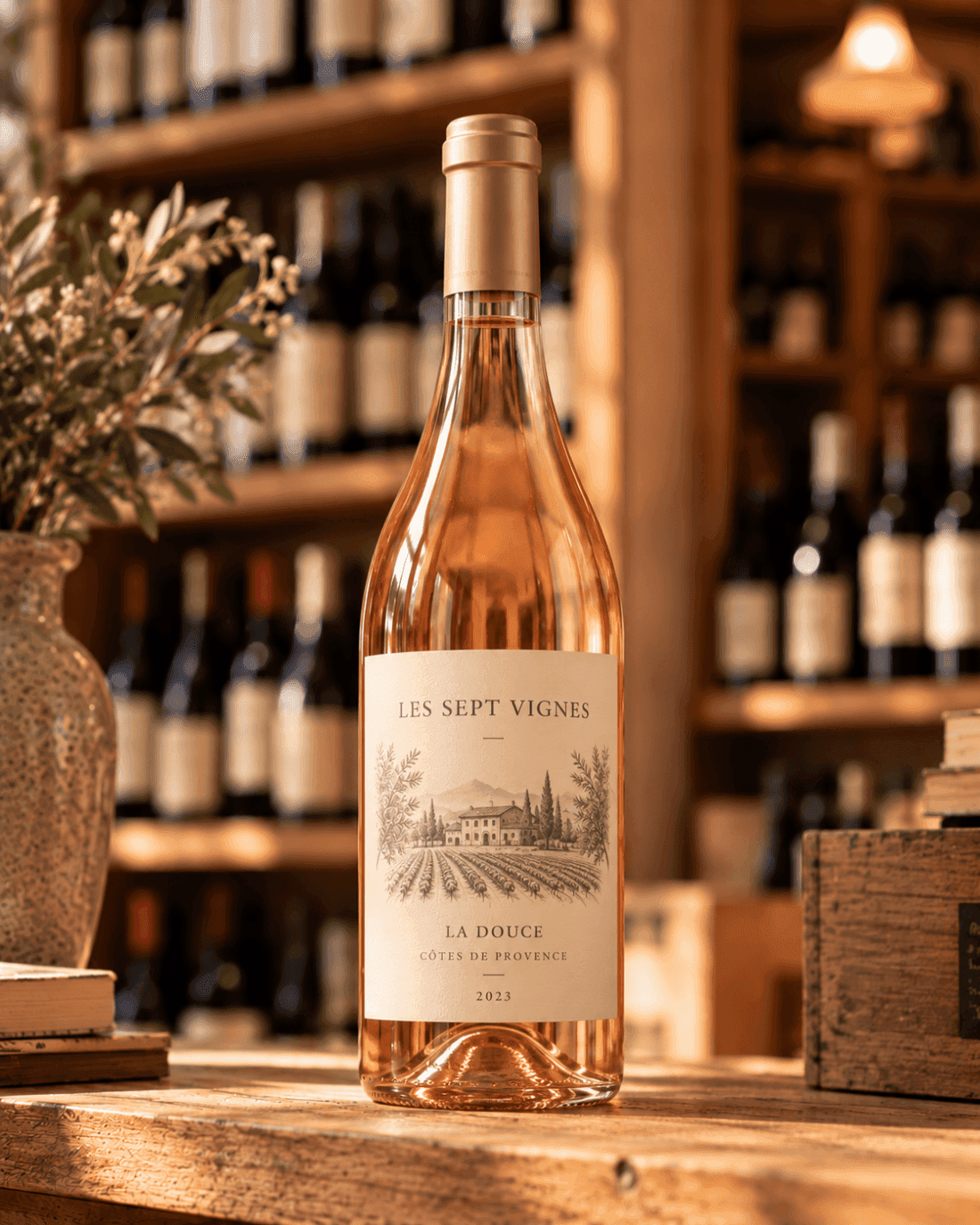 Bottle of Les Sept Vignes « La Douce » rosé wine in the cellar