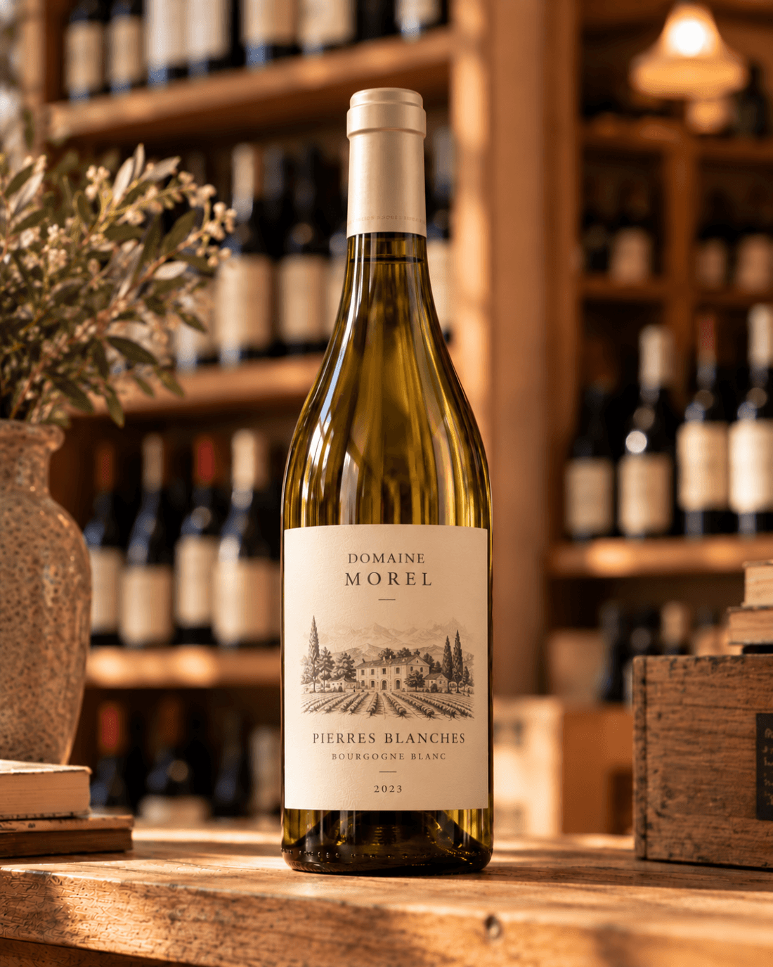 Bottle of Domaine Morel « Pierres Blanches » white wine in the cellar