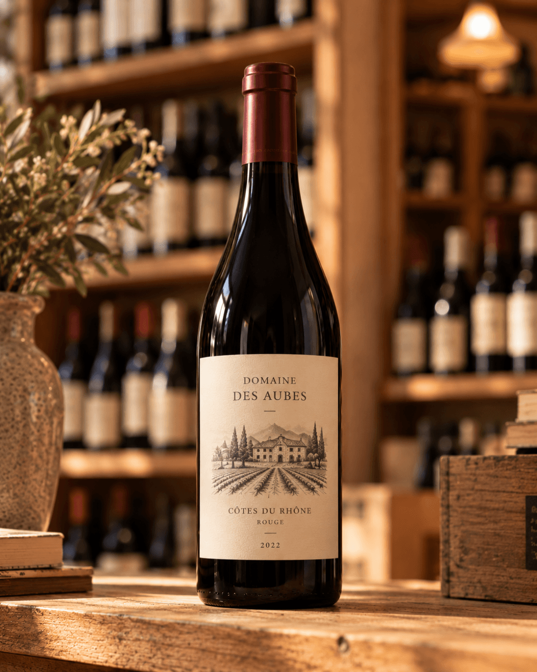 Bottle of Domaine des Aubes « Les Galets » red wine in the cellar