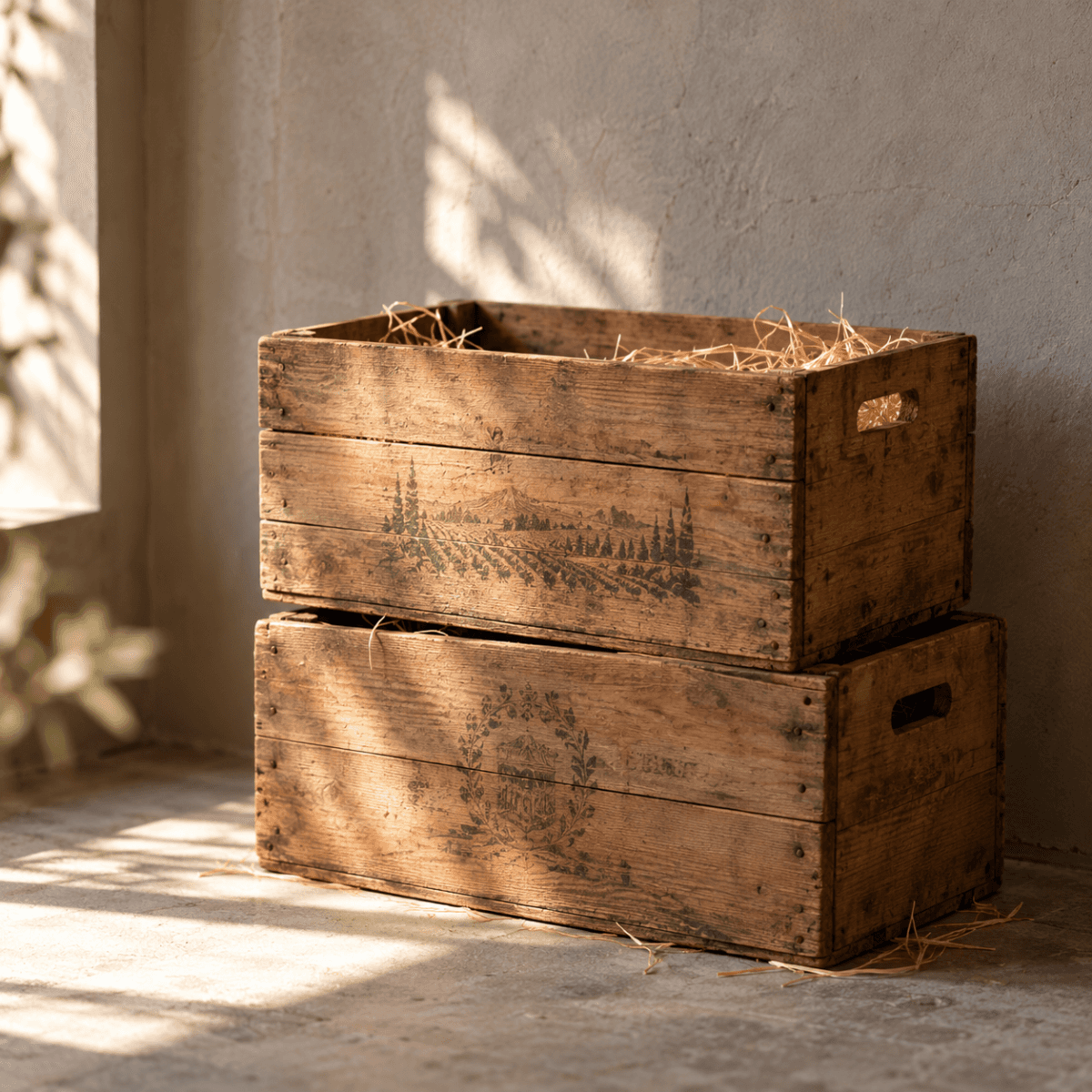 Two stacked wooden wine crates filled with straw, ready for pickup