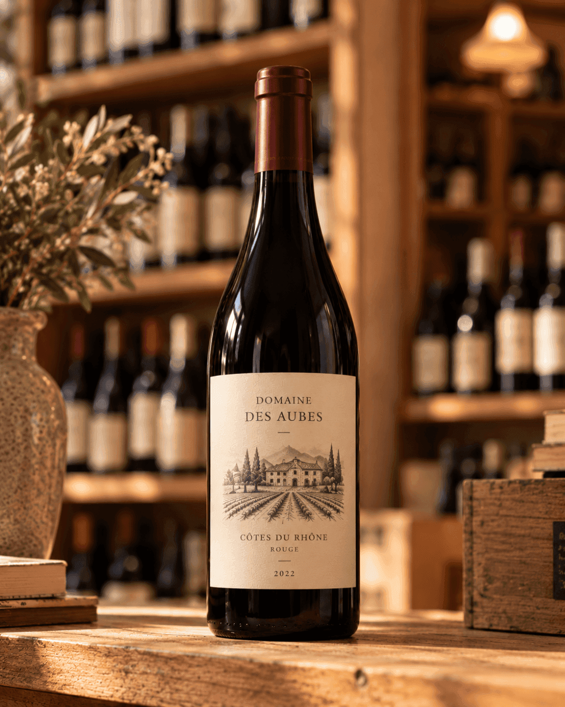 Bottle of Domaine des Aubes « Les Galets » red wine in the cellar