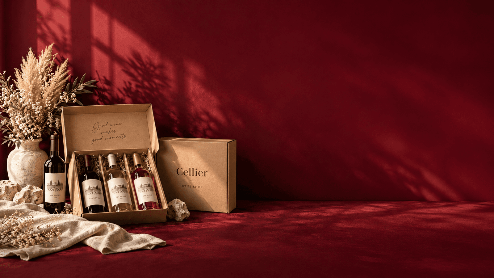 Cellier gift box with four bottles of wine on a bordeaux velvet table